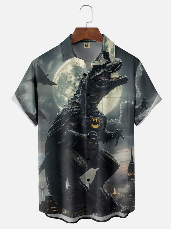 Moisture Wicking Bat Dinosaur Chest Pocket Hawaiian Shirt