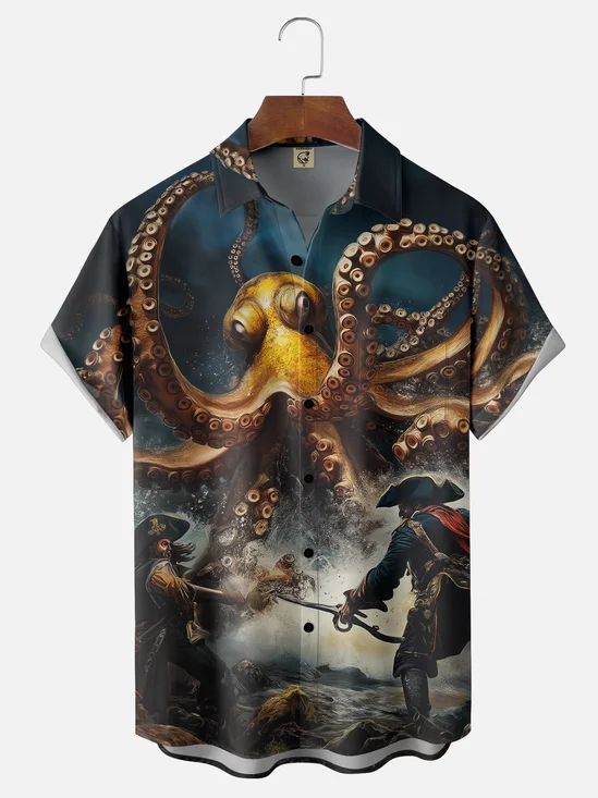Moisture Wicking Ocean Octopus Pirate Chest Pocket Hawaiian Shirt