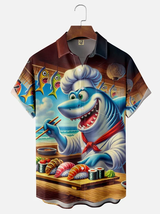 Moisture Wicking Ocean Sushi Shark Chest Pocket Hawaiian Shirt