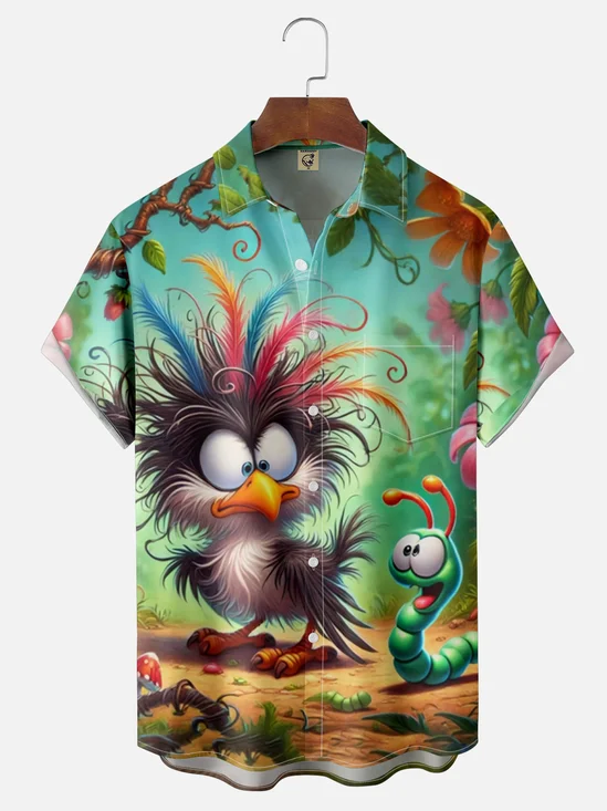 Moisture Wicking Funny Chicken Bug Chest Pocket Hawaiian Shirt