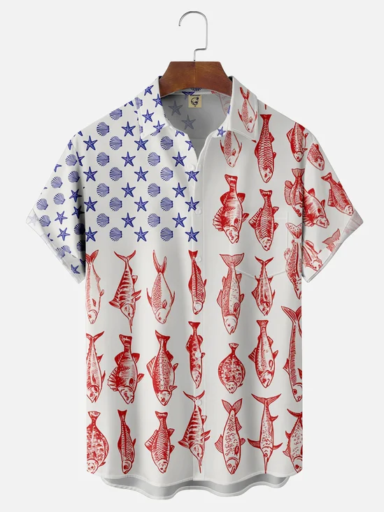 Moisture Wicking American Flag Fish Chest Pocket Hawaiian Shirt
