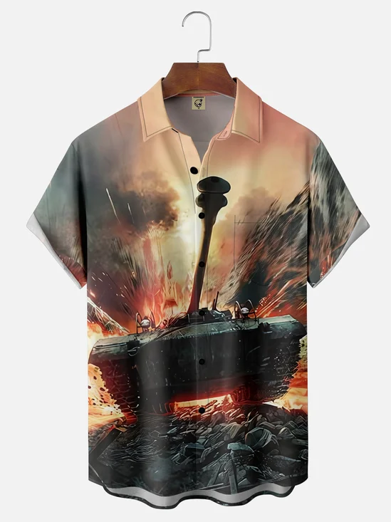 Moisture-wicking Martyrs' Day Armored Tank Art Chest Pocket Casual Shirt