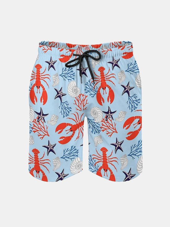 Men's Swim Trunks Hawaiian Marine Life Lobster Starfish Beach Shorts with Pockets
