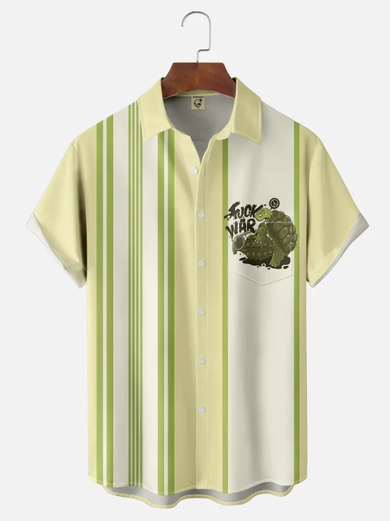 Moisture-wicking Fun Art "Peaceful War" Turtle Avant-garde Chest Pocket Bowling Shirt