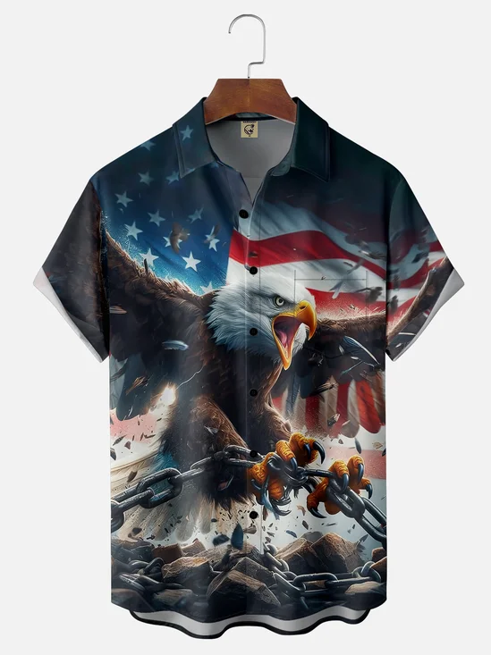 Moisture-wicking Avant-garde Bald Eagle Fantasy American Flag Chest Pocket Casual Shirt