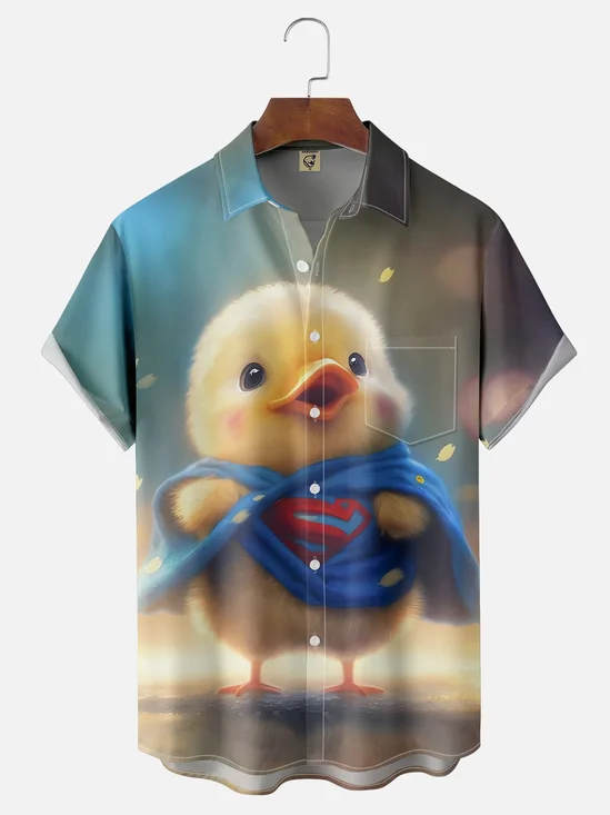 Moisture-wicking Super "Cute" Hero Chicken Fun Creative Blue Chest Pocket Hawaiian Shirt