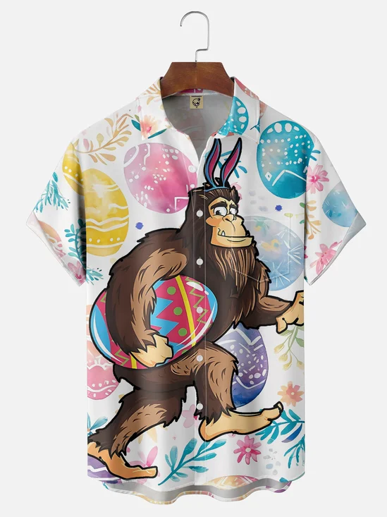 Moisture-wicking Happy Easter Bigfoot Egg Art Chest Pocket Casual Shirt