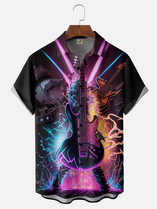 Moisture-wicking Rock Art Bass Electric Guitar Abstract Illustration Chest Pocket Casual Shirt