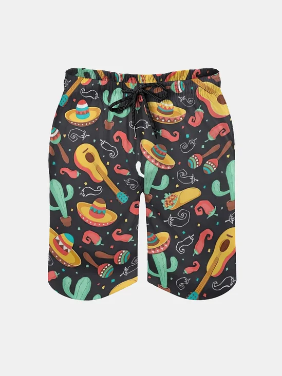 Men's Swim Trunks Hawaiian Mexican Culture Sombrero Pepper Beach Shorts with Pockets