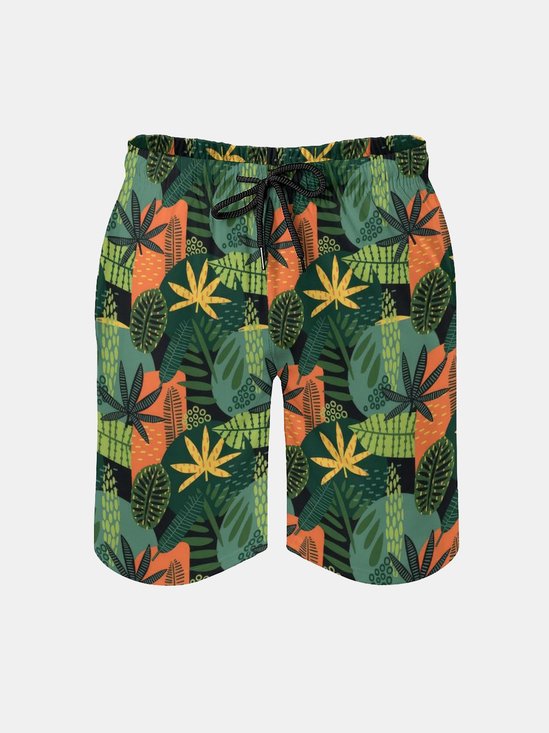Men's Swim Trunks Hawaiian Tropical Palm Tree Weed Beach Shorts with Pockets