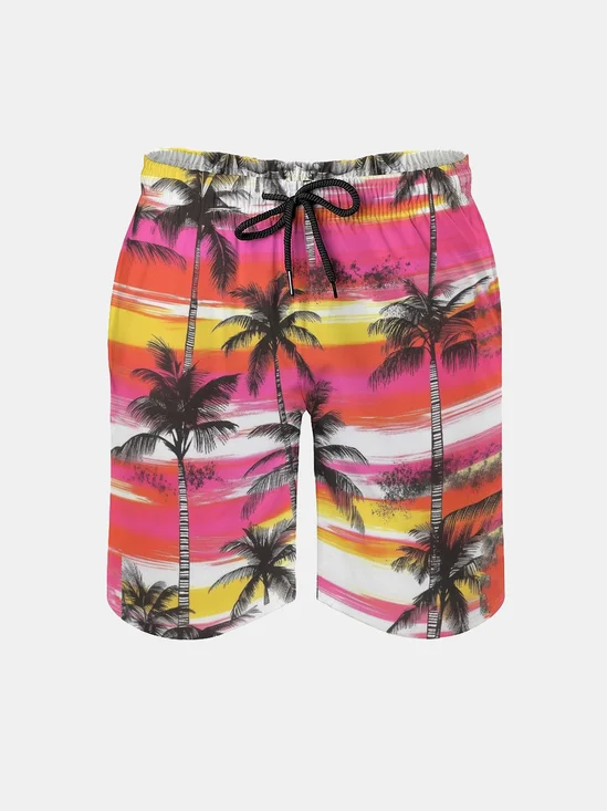 Men's Swim Trunks Hawaiian Tropical Palm Tree Beach Shorts with Pockets