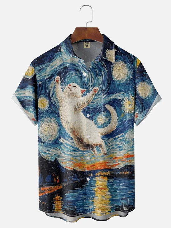 Moisture-wicking Starry Night Cat Chest Pocket Casual Shirt
