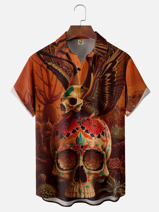 Moisture-wicking Cinco de Mayo Mexican Skull Art Chest Pocket Casual Shirt