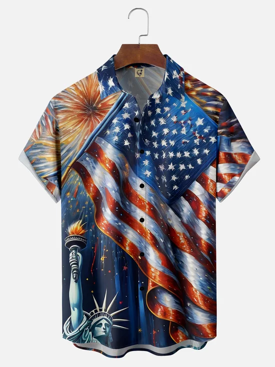 Moisture-wicking Happy Independence Day God Bless American Flag Chest Pocket Casual Shirt