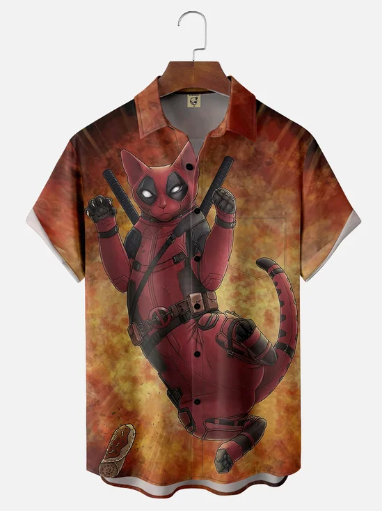 Moisture-wicking Fun Art Cat Death Artistic Avant-garde Chest Pocket Casual Shirt