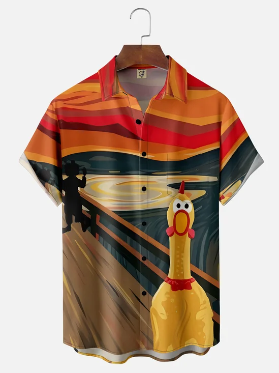 Moisture-wicking Fun Art Screaming Chicken Avant-garde Chest Pocket Casual Shirt