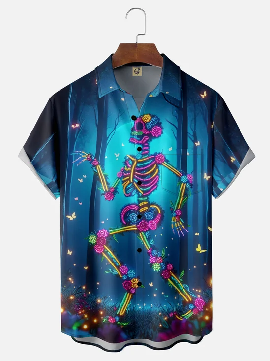 Moisture-wicking Mexican Art Skull Colorful Cinco de Mayo Chest Pocket Casual Shirt