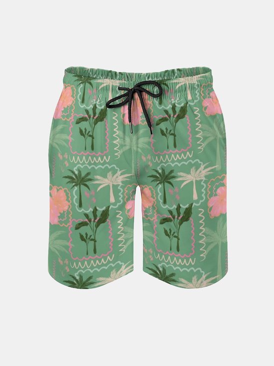Men's Swim Trunks Hawaiian Tropical Palm Tree Beach Shorts with Pockets