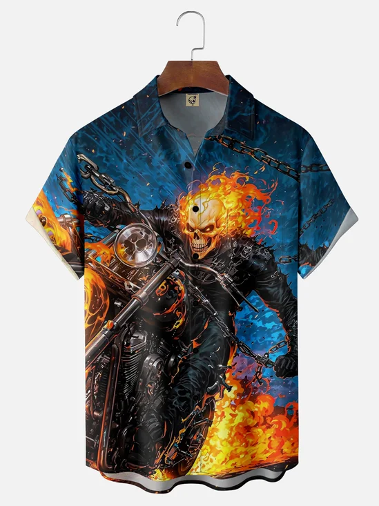 Moisture-wicking Skull Knight Flame Motorcycle Chest Pocket Casual Shirt