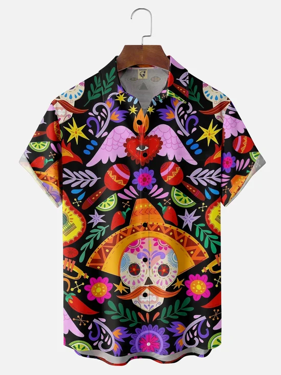 Moisture-wicking Cinco de Mayo Day of the Dead Mexican Skull Chest Pocket Casual Shirt