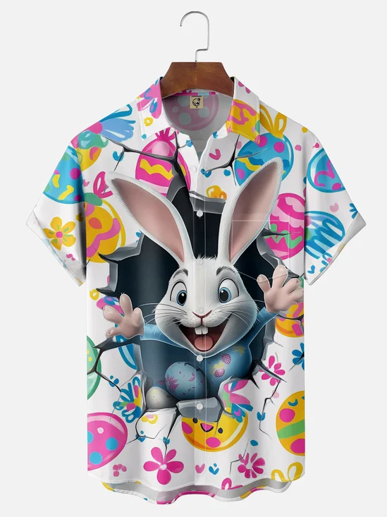 Moisture-wicking Easter Bunny Rabbit Eggs Chest Pocket Casual Shirt