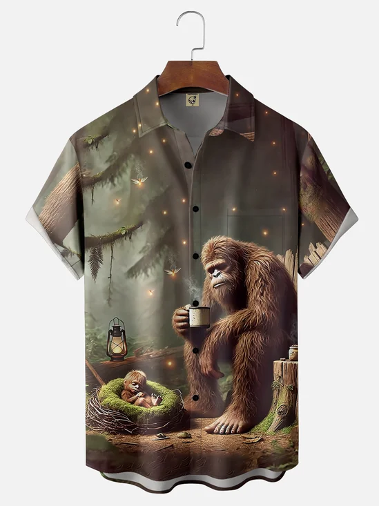 Moisture-wicking Bigfoot Family Kids Chest Pocket Hawaiian Shirt