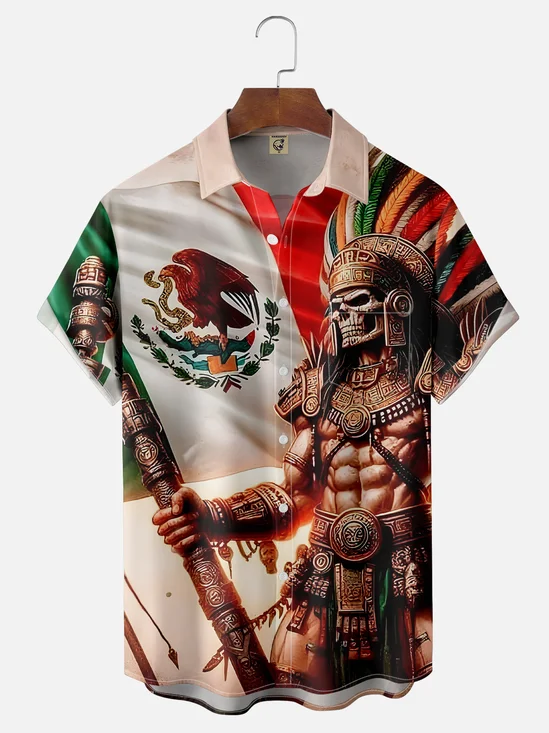 Moisture-wicking Cinco de Mayo Mexican Flag Art Warrior Chest Pocket Casual Shirt