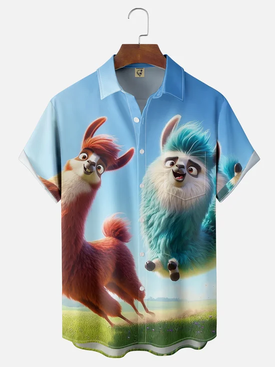 Moisture-wicking Avant-garde Crazy Alpaca Cheerful Fun Chest Pocket Hawaiian Shirt