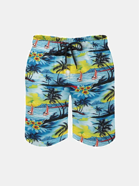 Men's Swim Trunks Hawaiian Tropical Palm Tree Beach Shorts with Pockets