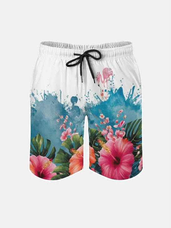 Men's Swim Trunks Hawaiian Tropical Hibiscus Flower Beach Shorts with Pockets