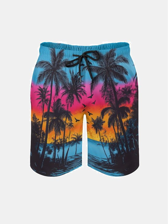 Men's Swim Trunks Hawaiian Tropical Palm Tree Beach Shorts with Pockets