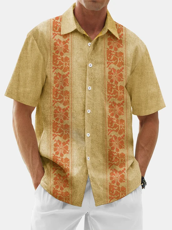 Moisture Wicking Striped Floral Chest Pocket Guayabera Shirt
