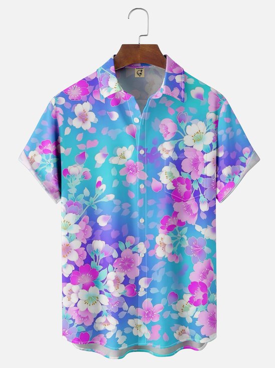 Moisture-wicking Cherry Blossom Gradient Chest Pocket Casual Shirt