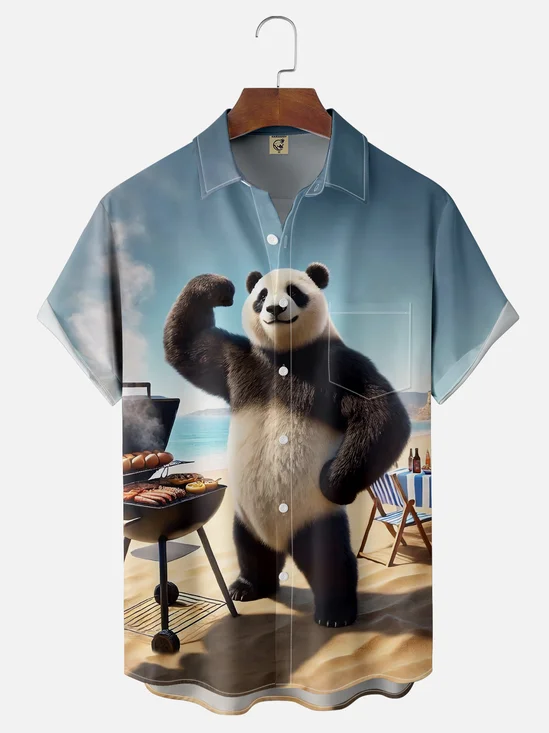 Moisture-wicking Panda Barbecue Beach Chest Pocket Hawaiian Shirt