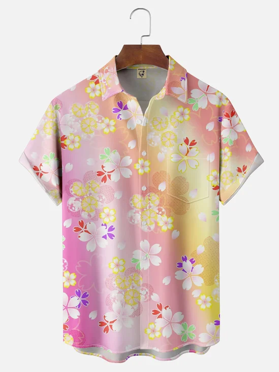 Moisture-wicking Cherry Blossom Gradient Chest Pocket Casual Shirt