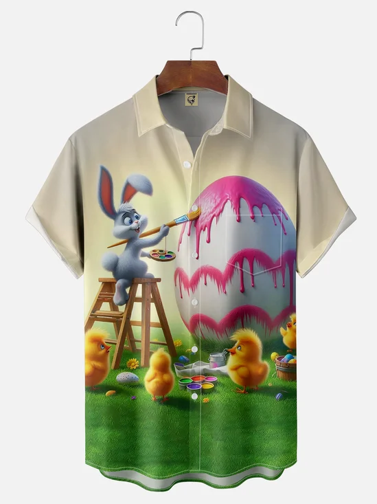 Moisture-wicking Easter Bunny Egg Chest Pocket Casual Shirt