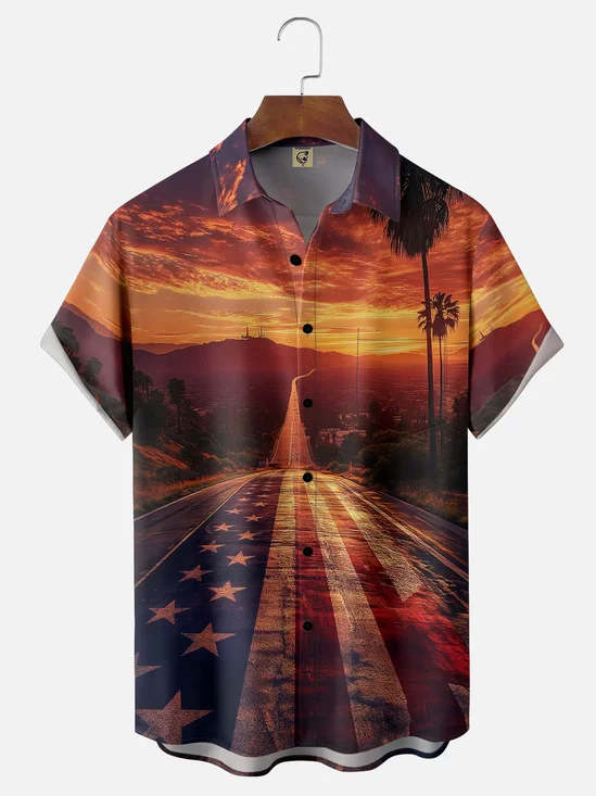 Moisture-wicking Patriotic American Flag Highway Chest Pocket Casual Shirt