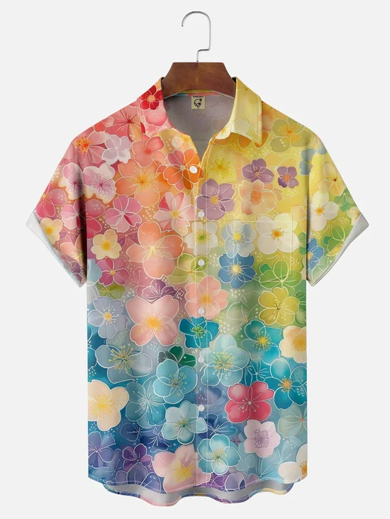 Tall Size Moisture Wicking Floral Gradient Chest Pocket Hawaiian Shirt