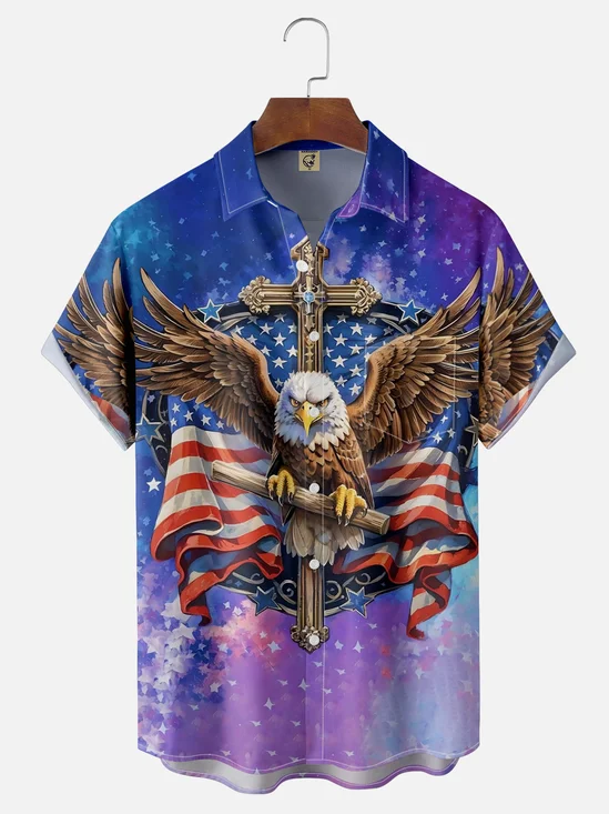 Moisture-wicking Patriotic American Flag Cross Eagle Chest Pocket Casual Shirt