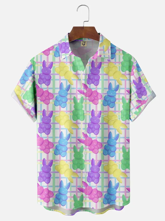 Moisture-wicking Easter Bunny Fondant Stripes Chest Pocket Casual Shirt
