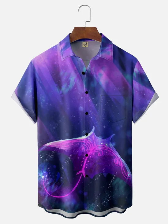 Moisture-wicking Manta Ray Marine Life Chest Pocket Hawaiian Shirt