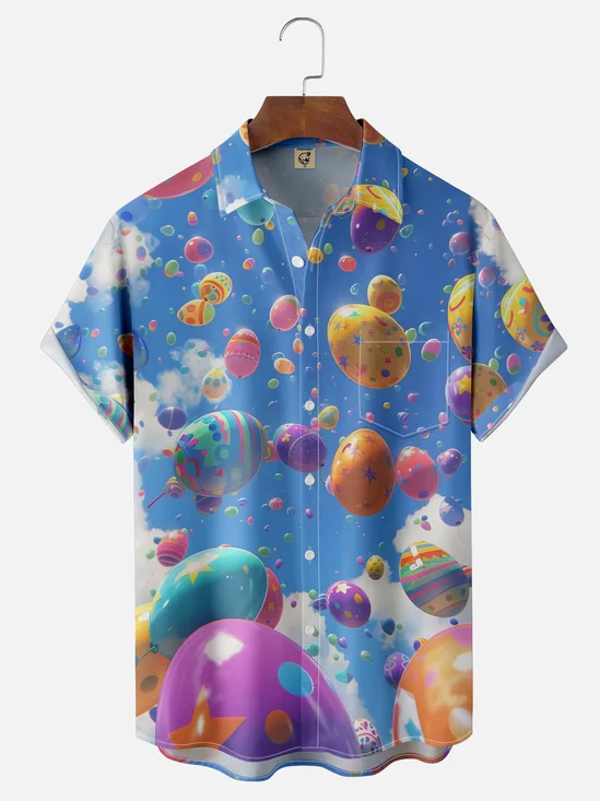 Moisture-wicking Easter Egg Balloons Chest Pocket Casual Shirt