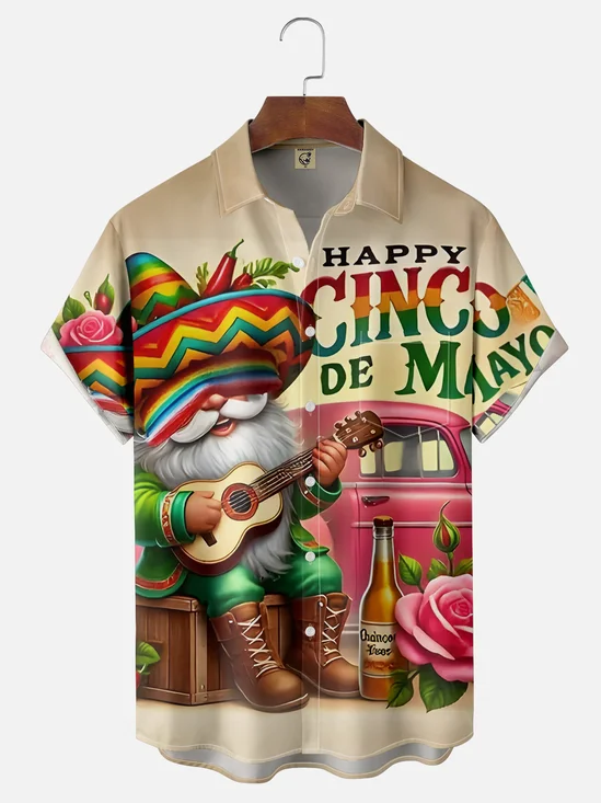 Moisture Wicking Cinco de Mayo Big Hat Midget Guitar Chest Pocket Hawaiian Shirt