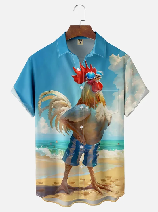 Moisture Wicking Beach Fun Chicken Chest Pocket Hawaiian Shirt