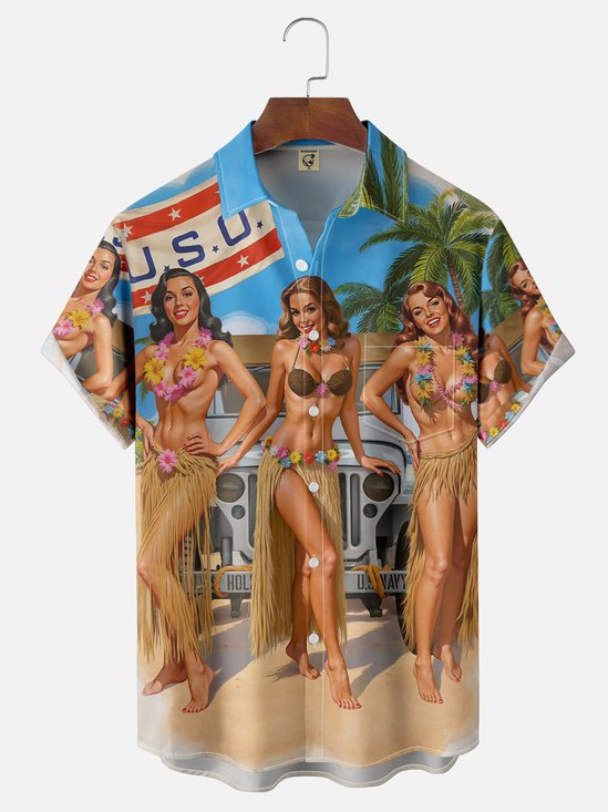 Moisture Wicking Beach Grass Skirt Beauty Chest Pocket Hawaiian Shirt