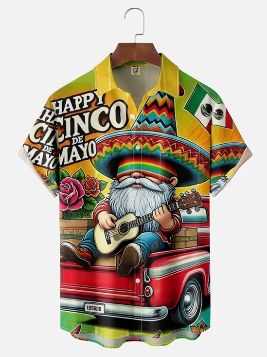 Moisture Wicking Cinco de Mayo Big Hat Midget Guitar Chest Pocket Hawaiian Shirt