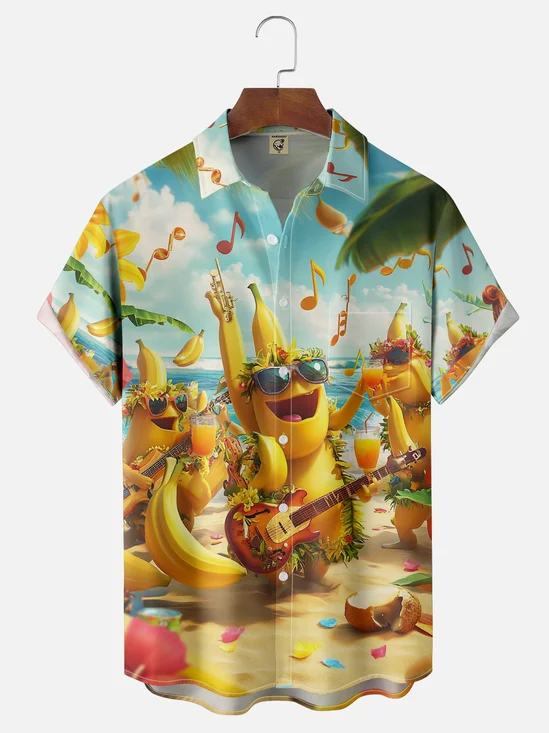Moisture Wicking Beach Banana Music Party Chest Pocket Hawaiian Shirt