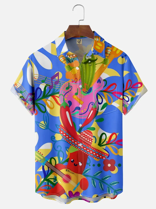 Moisture Wicking Cinco de Mayo Big Hat Chili Guitar Chest Pocket Hawaiian Shirt