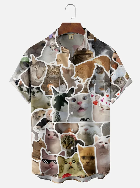 Moisture Wicking Funny Cat Chest Pocket Hawaiian Shirt
