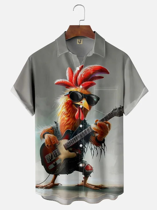 Moisture Wicking Music Punk Rock Chicken Chest Pocket Hawaiian Shirt